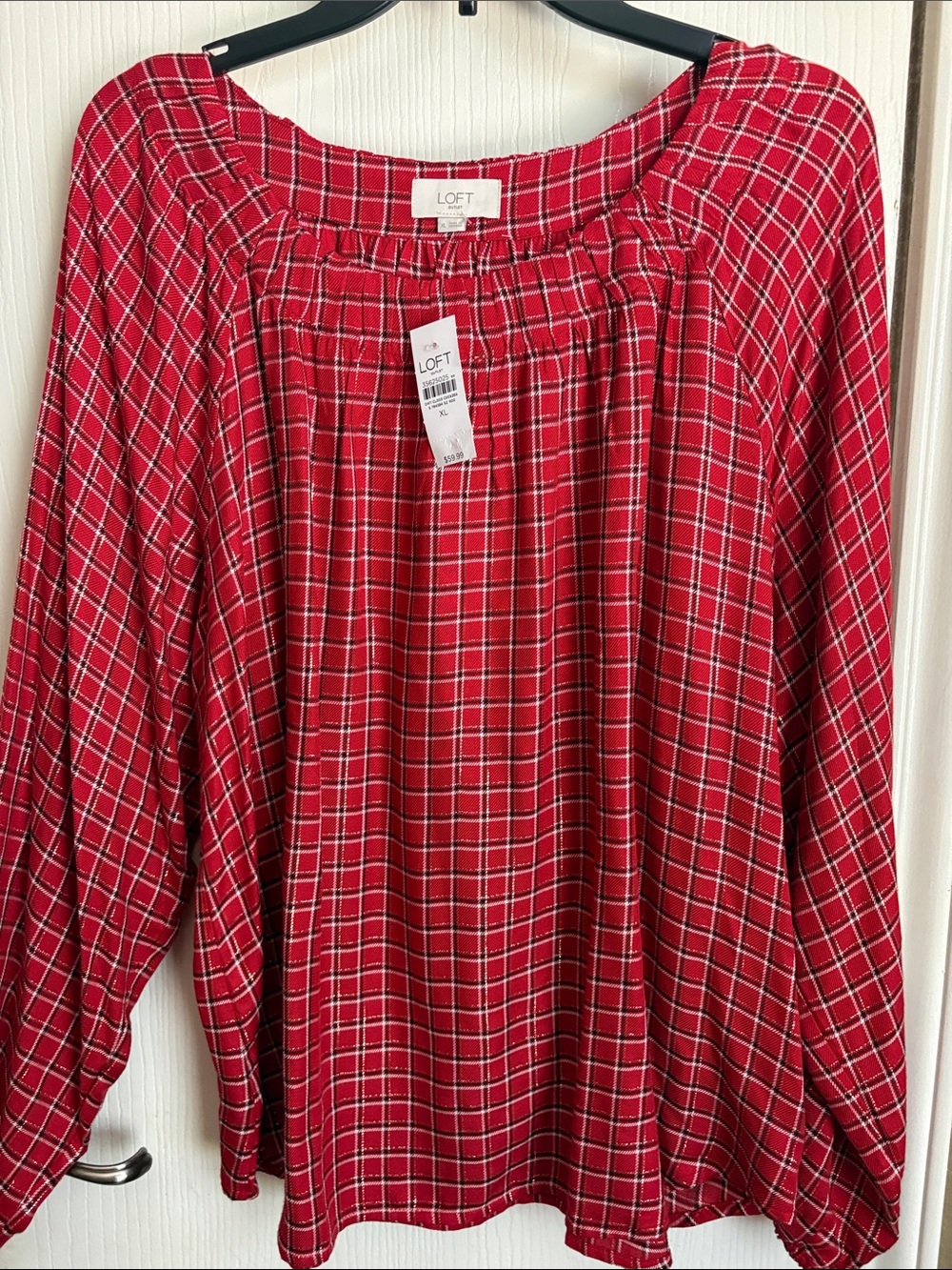 LOFT Red Plaid Long-Sleeve Peasant Blouse